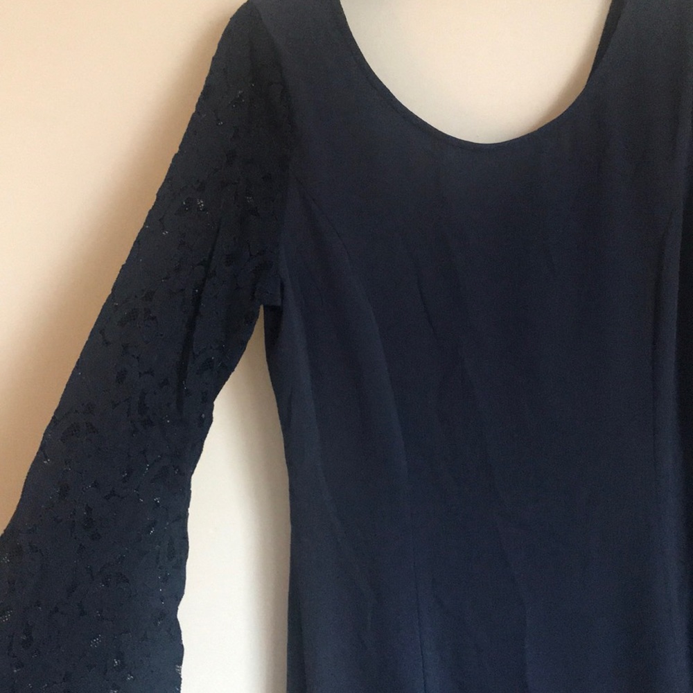 Navy blue dress with lace bell sleeves